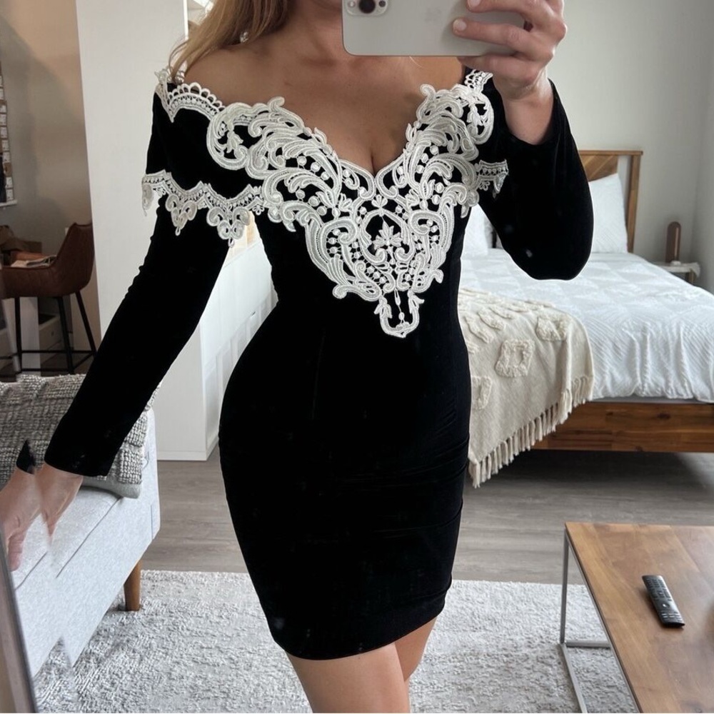 Jessica McClintock Off-Shoulder Black Dress with White Lace
